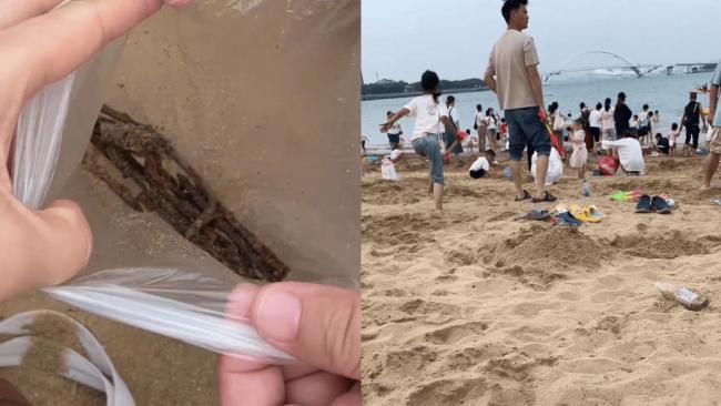 女子在沙滩玩20分钟捡了小半兜锈钉