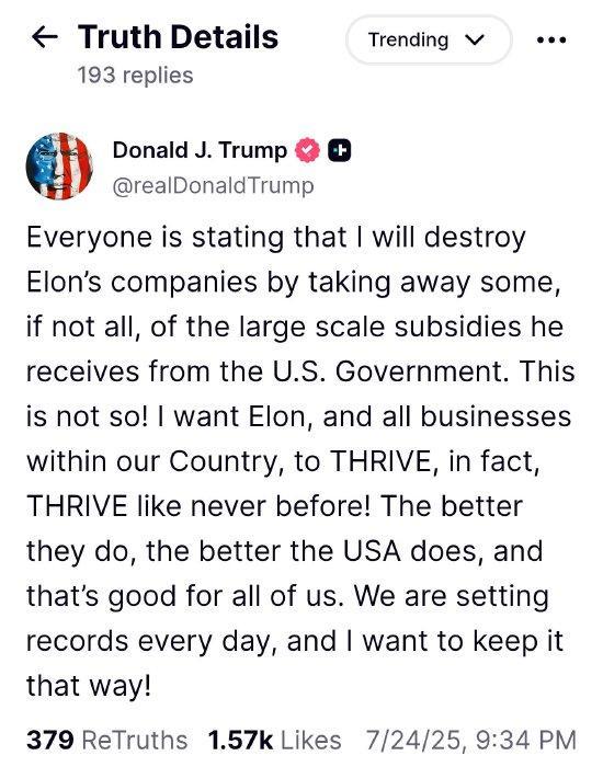 特朗普祝马斯克公司蓬勃发展