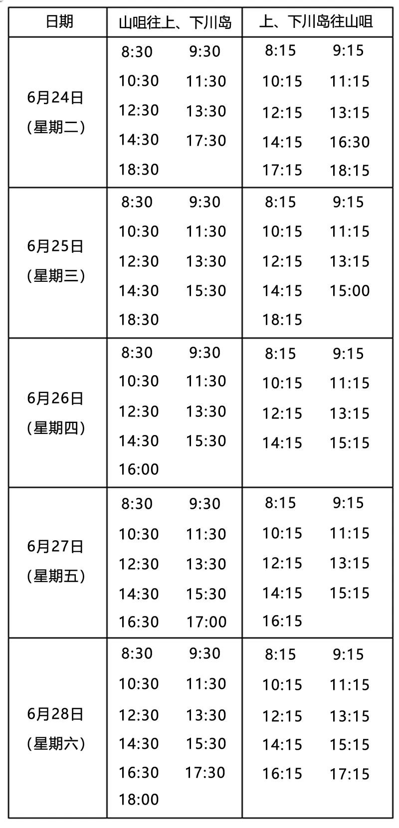 图源：川山群岛陆岛客运交通官方平台