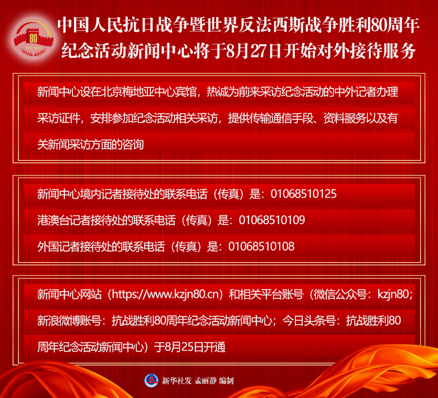 中国人民抗日战争暨世界反法西斯战争胜利80周年纪念活动新闻中心将于8月27日开始对外接待服务
