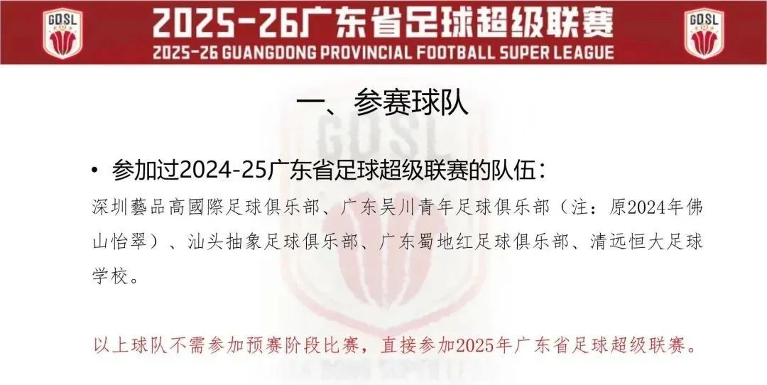 参加过去年省超联赛的5队直接参加省超联赛正赛阶段比赛。图源：广东省足球协会