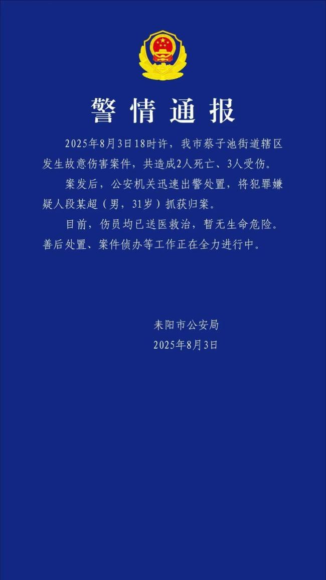 湖南一男子持刀伤人致2死3伤