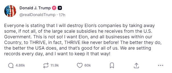 特朗普“示好”马斯克：愿其生意“蒸蒸日上”