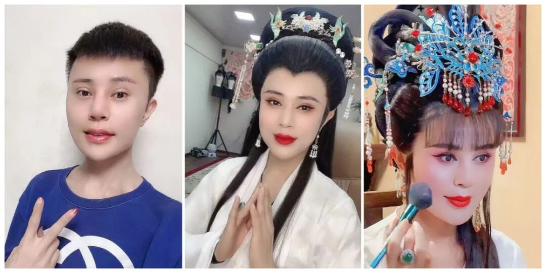 罗大美(左一)和他拍摄视频时的反串角色图。受访者供图