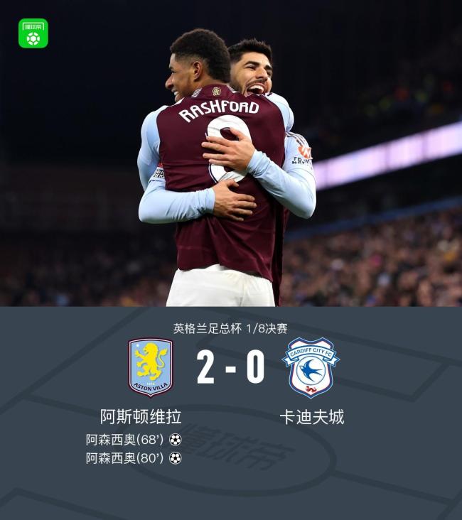 维拉2-0近10年首次进足总杯8强，阿森西奥梅开二度拉什福德丝滑助攻