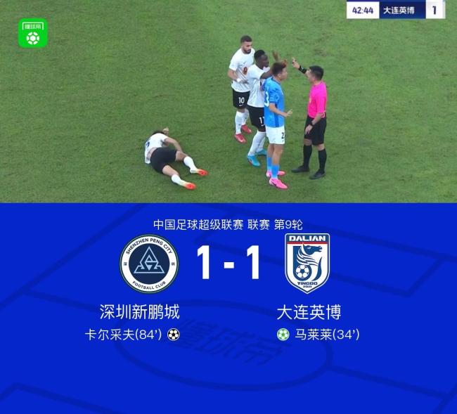 中超:深圳新鹏城1-1大连英博,马莱莱点射破门,卡尔采夫远程贴地斩
