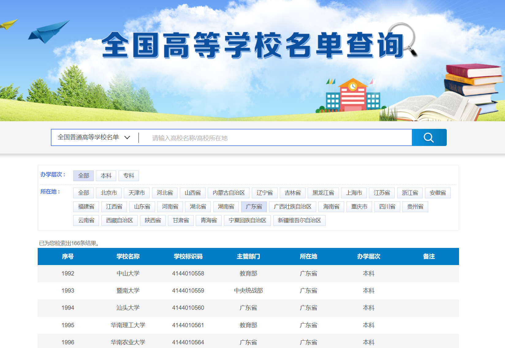 广东省部分高校名单截图