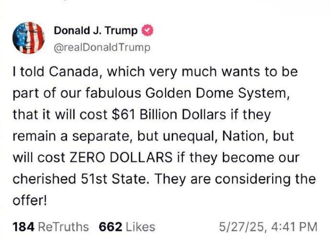 特朗普又双叒邀加拿大成美国第51州