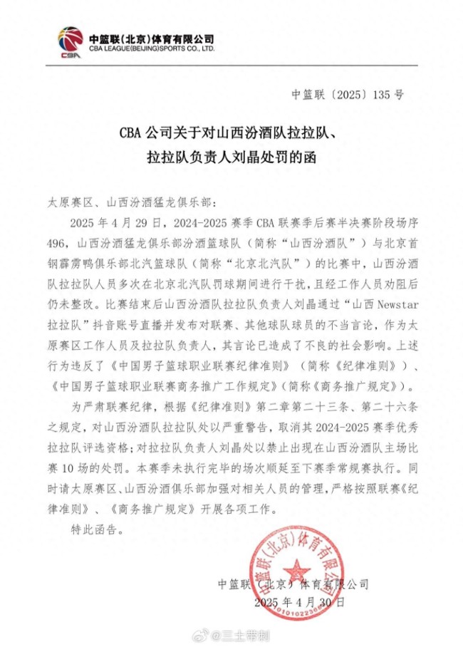 山西男篮拉拉队被处以严重警告