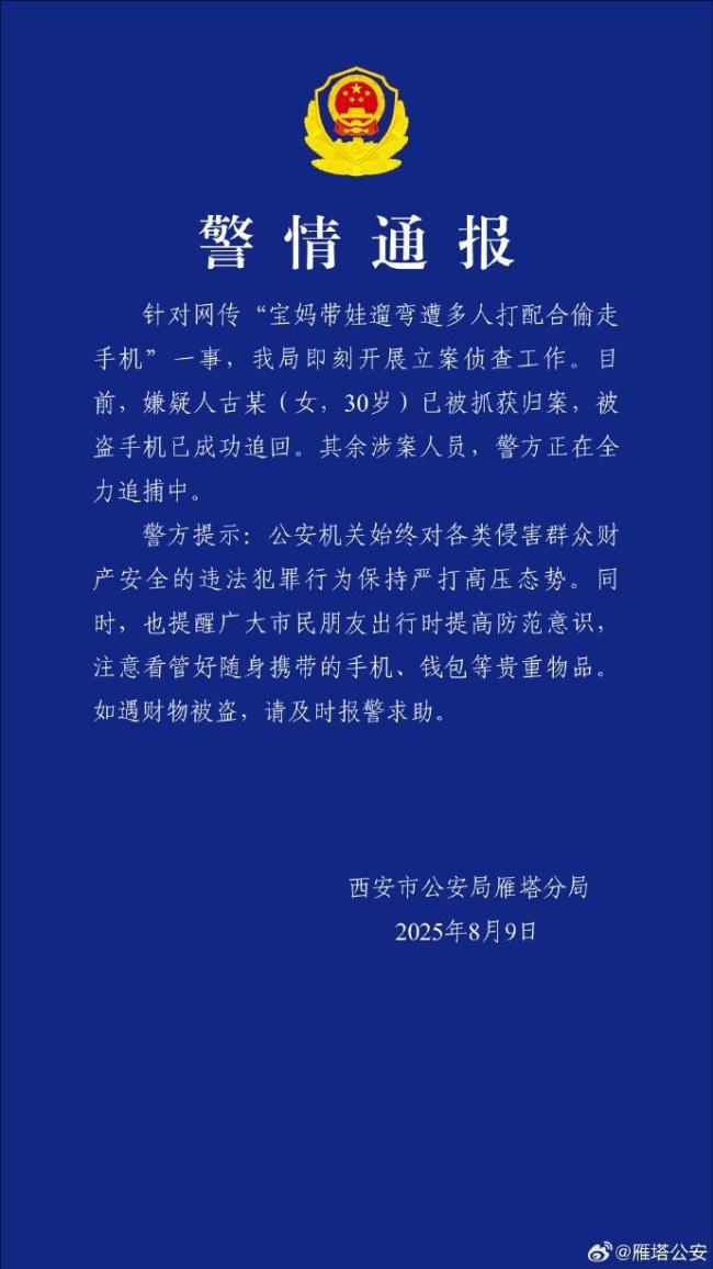 警方再通报宝妈遛娃遭多人配合偷手机