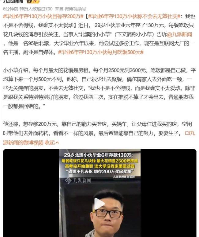 毕业6年存130万小伙每月吃饭500元