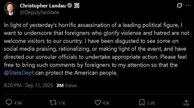 美高官警告赶走嘲笑柯克之死的人