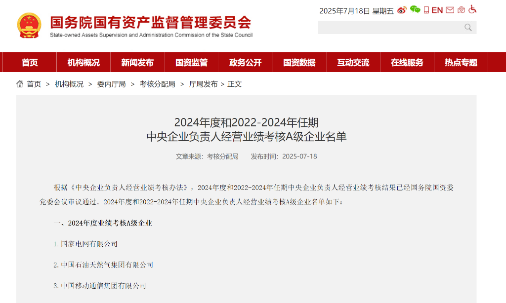 国务院国资委网站截图。
