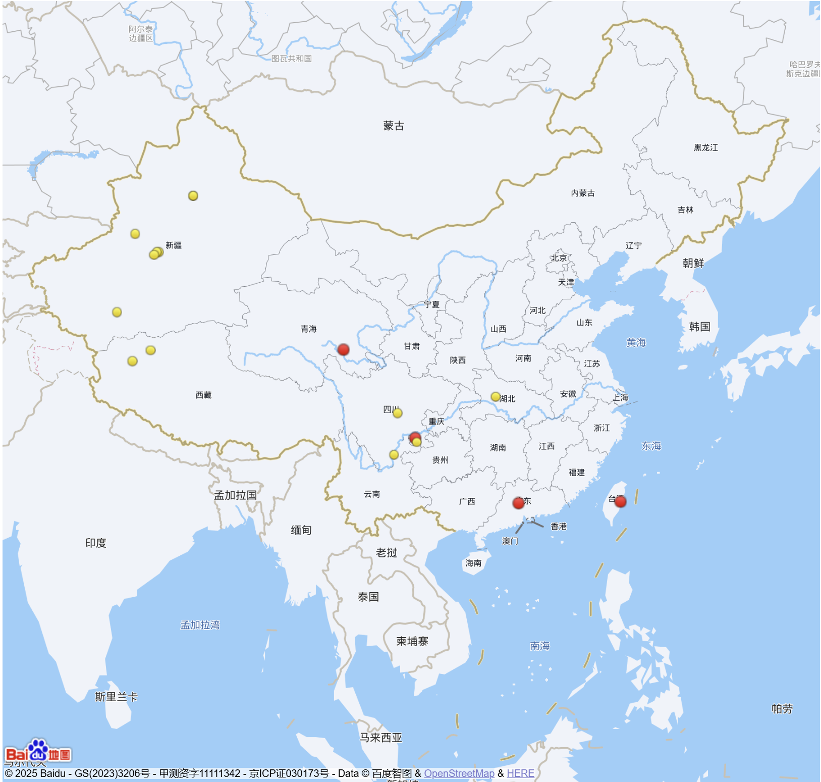 上周全国三级及以上地震活动分布图（四级以上红色标注） 图源：中国地震台网