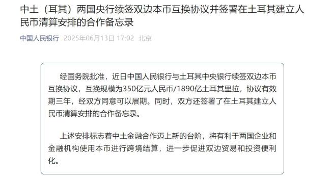 中国土耳其续签本币互换协议