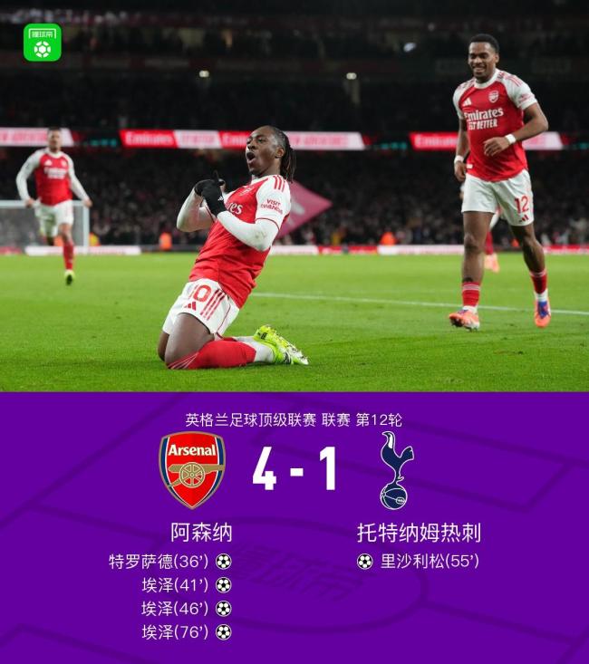 英超焦点战：阿森纳4-1完胜热刺 埃泽帽子戏法 里沙利松超远吊射