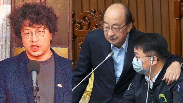 吴秉叡(右)、沉伯洋(左)先后霸占“立法院长”位置，柯建铭(中)从旁指挥，但绿营却带相反风向。