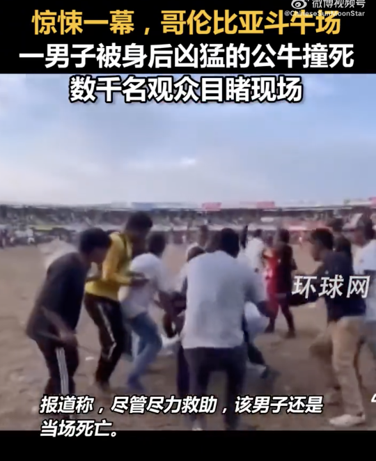 哥伦比亚斗牛场一男子被公牛撞死