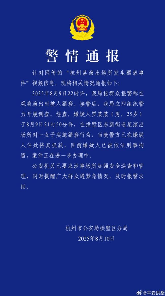 女子看演出期间遭猥亵嫌犯被拘