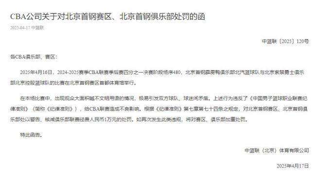 CBA官方：北京主场观众出现大规模不文明用语 核减俱乐部经费1万