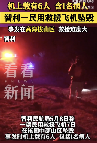 智利一载有6人的救援飞机坠毁