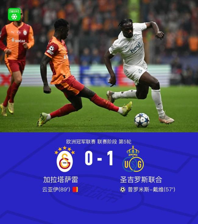 欧冠：加拉塔萨雷0-1圣吉罗斯联合，普罗米斯-戴维制胜，云亚伊染红
