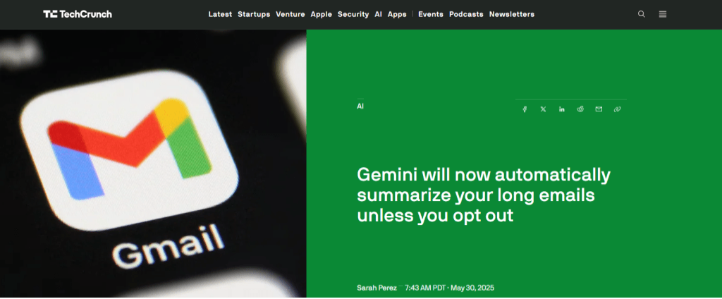 据外媒TechCrunch报导，Google近日宣布Gemini AI将自动整合Gmail电邮内容