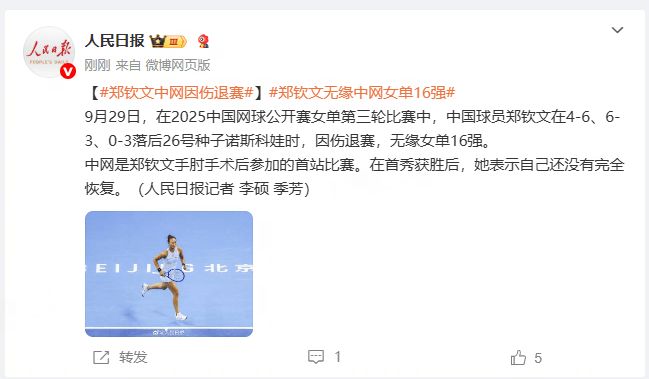 郑钦文中网因伤退赛