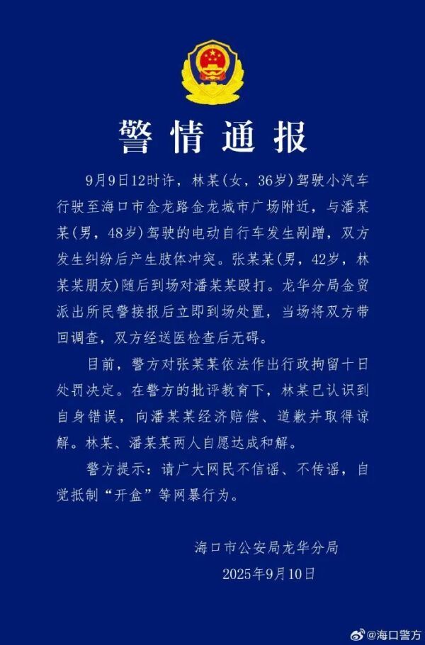海口警方通报男子当街殴打他人