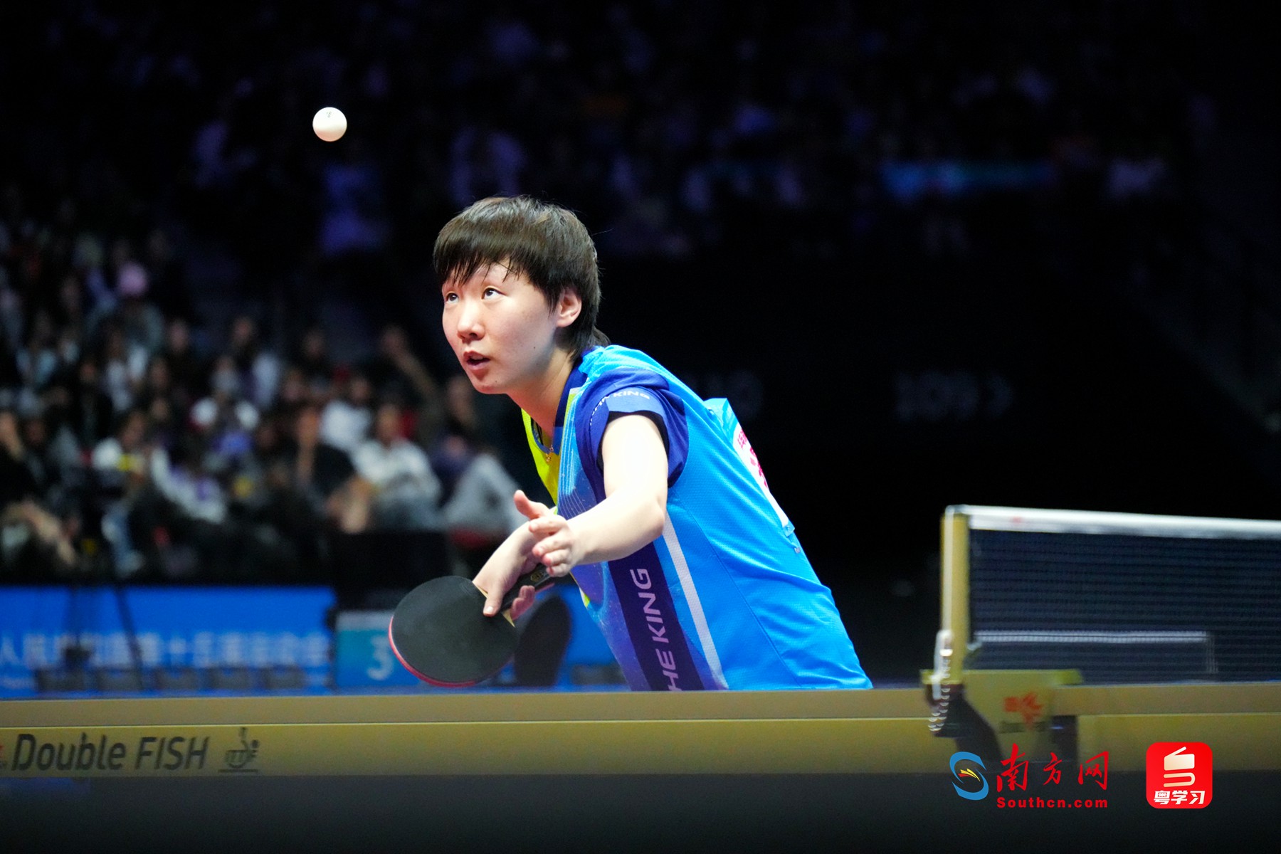 王曼昱在比赛中发球。南方网、粤学习记者 张瑞霖 摄