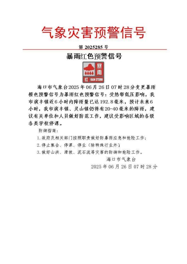 海南海口升级发布暴雨红色预警