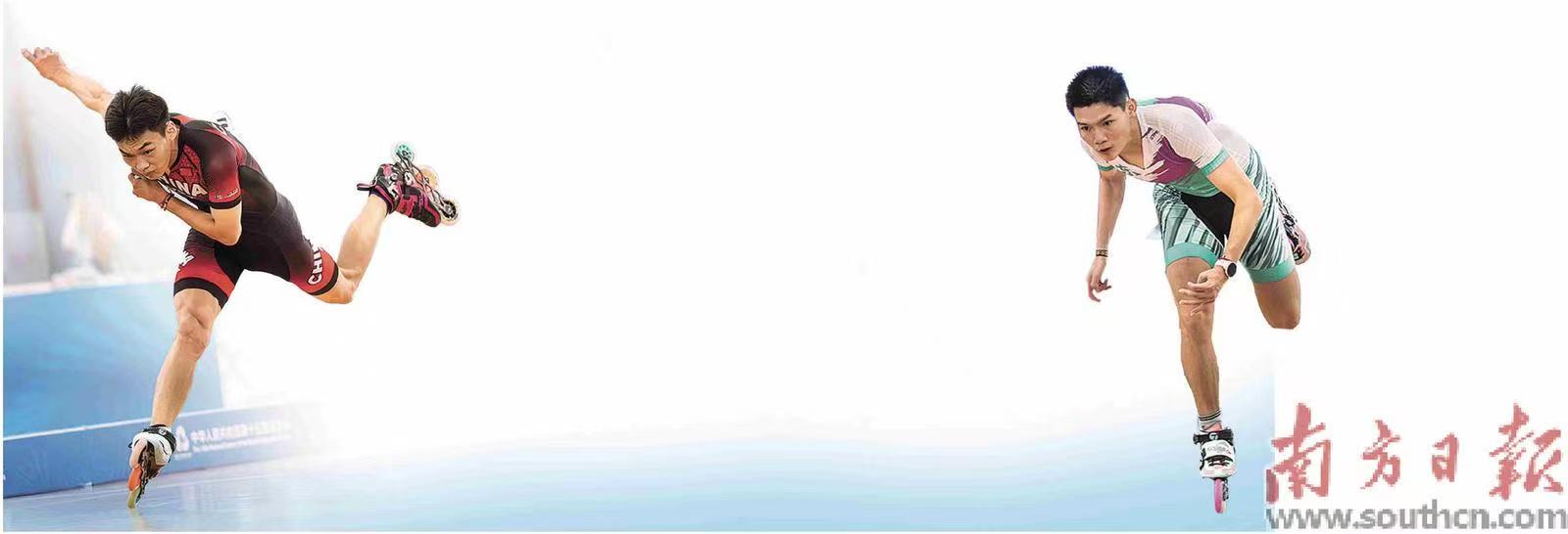 自由式轮滑速度过桩决赛中，云南队李佳瑞（左）与广东队冯瑞哲（右）上演巅峰对决。南方日报记者 王昌辉 摄