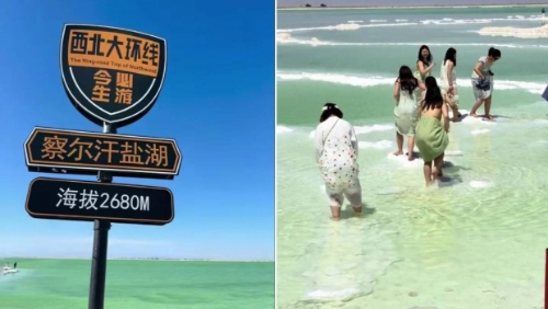 青海游客赤脚踩入盐湖