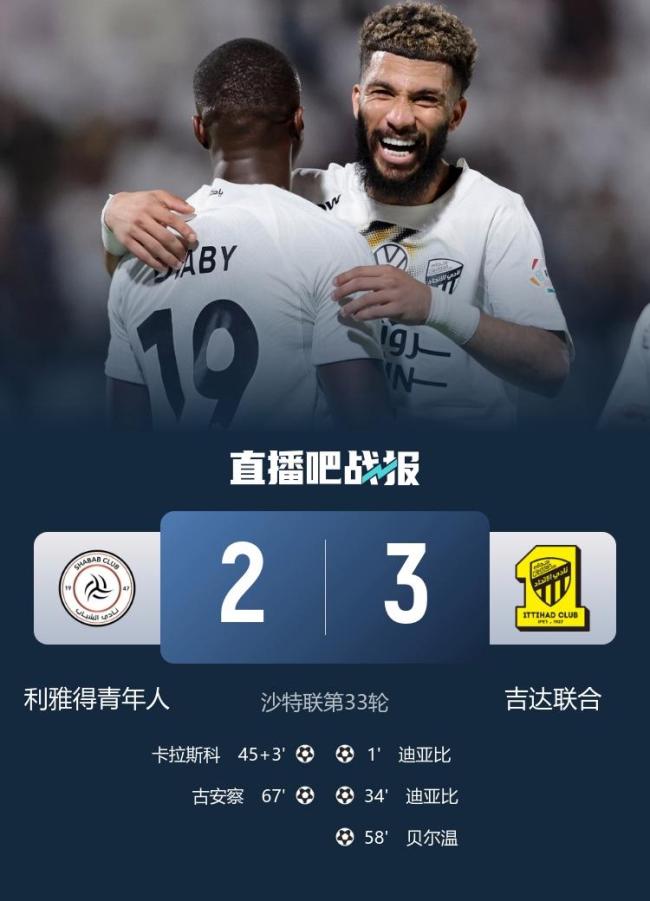 沙特联:吉达联合3-2利雅得青年,迪亚比双响,贝尔温传射