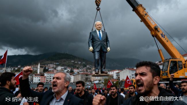 土耳其民众吊起内塔尼亚胡雕像