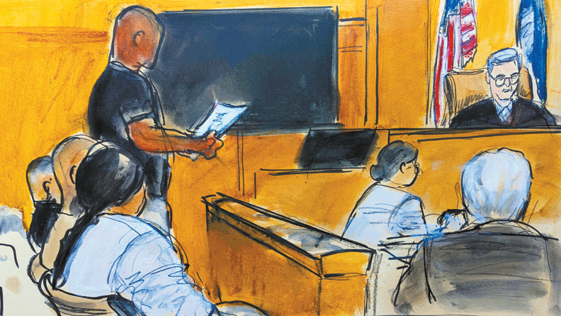 图为陪审团首席陪审员在曼哈顿刑事法庭，宣读韦恩斯坦纽约性侵案部分判决