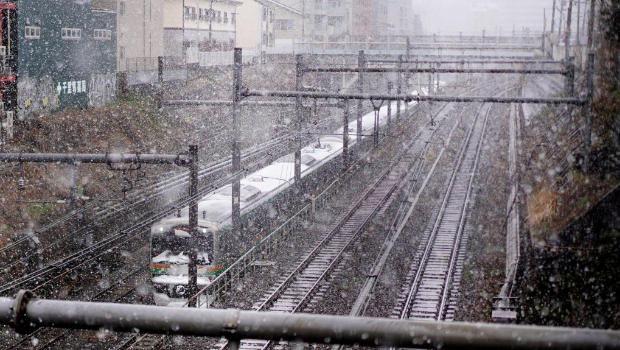 日本东京目黑车站电车在雪中行走。 新华社