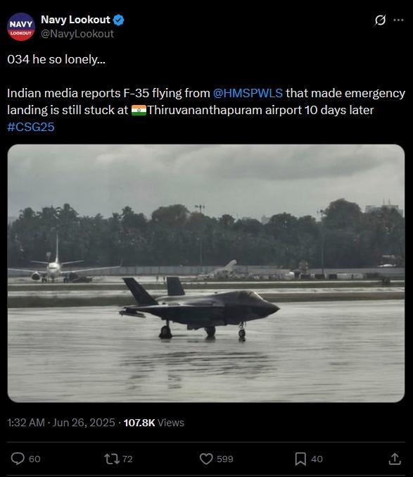 英F-35战机“趴窝”印度机场20天,印度人集体调侃:果然是英国的,来了就不肯走