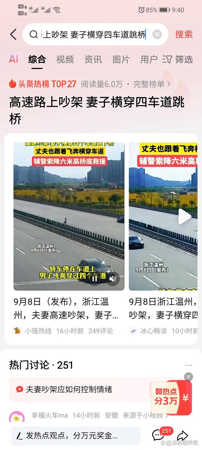 夫妻高速路上吵架妻子跳桥