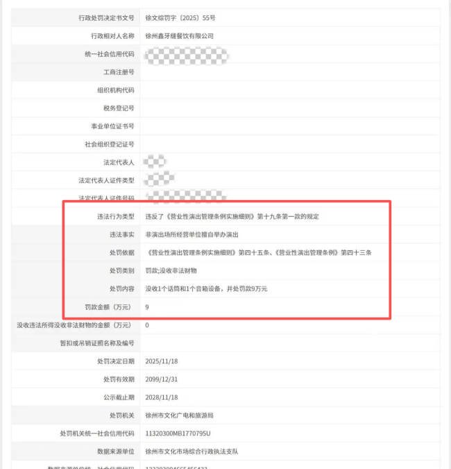 烧烤店因擅自办演出被罚9万